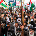 Houthi supporters chant slogans during an anti-U.S. and anti-Israel rally in Sanaa, Yemen, April 18, 2025.