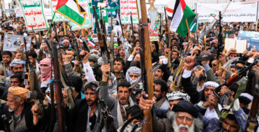 Houthi supporters chant slogans during an anti-U.S. and anti-Israel rally in Sanaa, Yemen, April 18, 2025.
