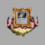 Baroque frame holding a protest sticker of Nicholas Potter, cradled in hands painted with the German flag