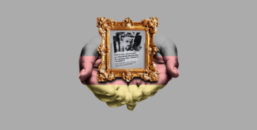 Baroque frame holding a protest sticker of Nicholas Potter, cradled in hands painted with the German flag