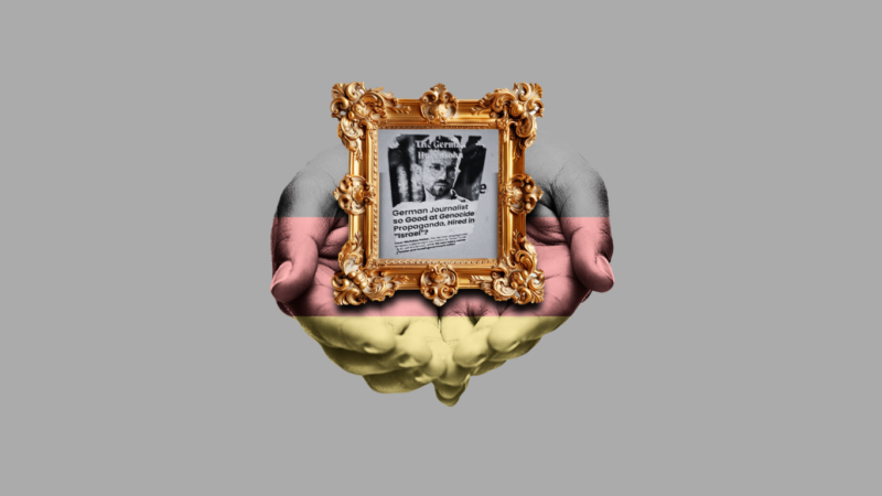 Baroque frame holding a protest sticker of Nicholas Potter, cradled in hands painted with the German flag