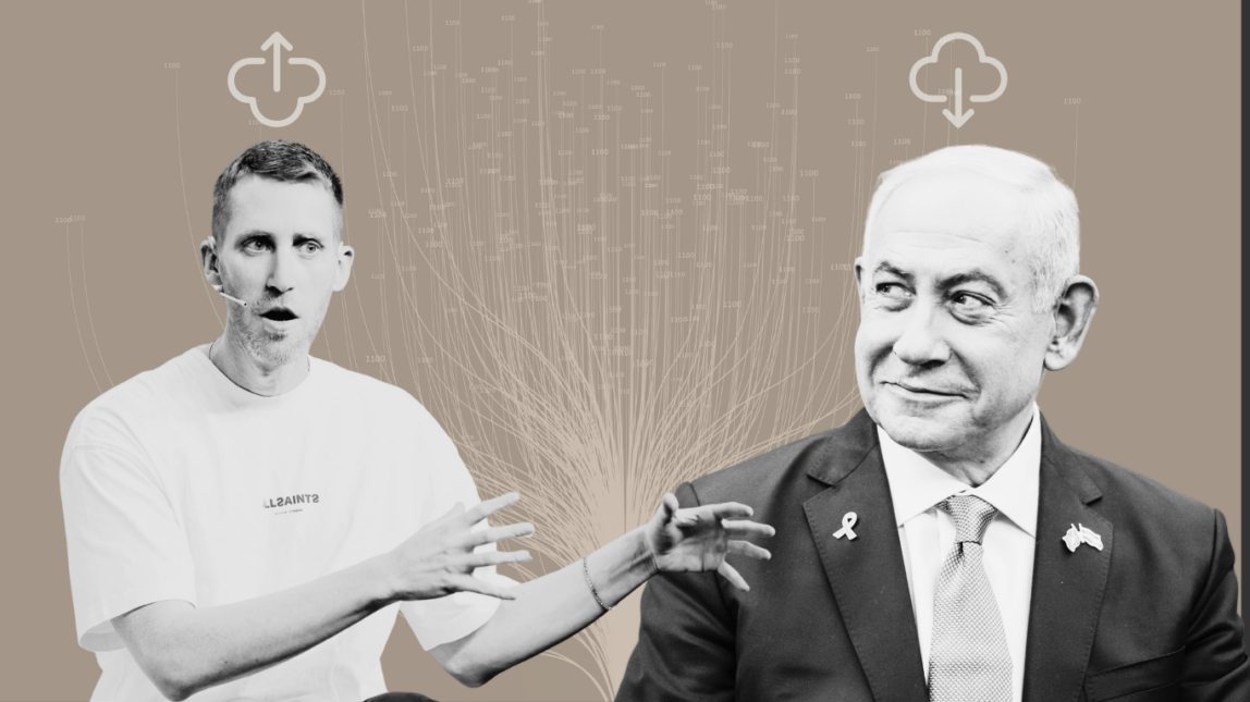 Assaf Rappaport and Benjamin Netanyahu in front of a cloud data network background, Google’s Wiz acquisition and ties to Israeli intelligence.