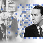 Ben Soffa alongside imagery of UK pro-Palestinian protests, edited in a stylized graphic design