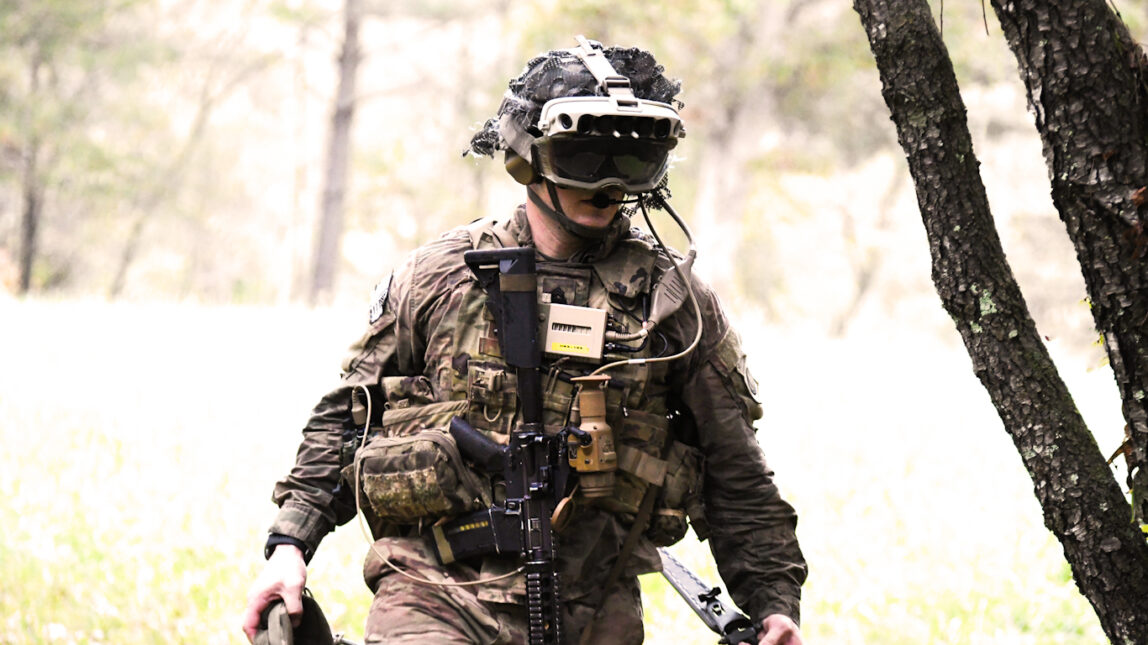 U.S. Army soldier wearing IVAS augmented reality headset during test
