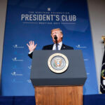 Donald Trump speaking at a Heritage Foundation event in 2017, the think tank behind Project 2025 and recent proposals for U.S.-Israel strikes on Iran.
