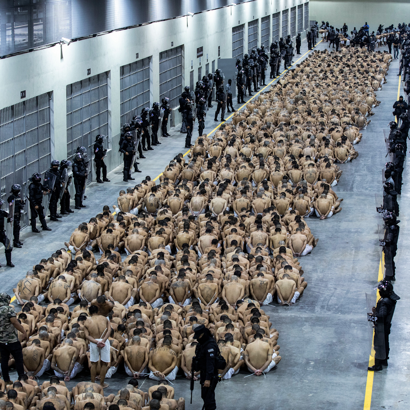 2023 年 3 月，囚犯坐在萨尔瓦多的巨型监狱里