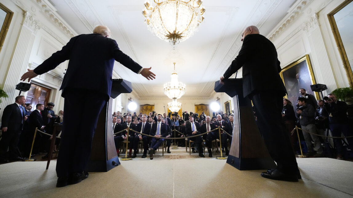 President Donald Trump and Israeli Prime Minister Benjamin Netanyahu speak during a White House press conference on Gaza, February 2025