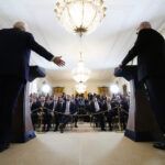 President Donald Trump and Israeli Prime Minister Benjamin Netanyahu speak during a White House press conference on Gaza, February 2025