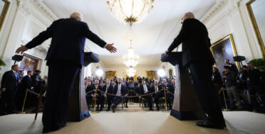President Donald Trump and Israeli Prime Minister Benjamin Netanyahu speak during a White House press conference on Gaza, February 2025