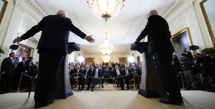 President Donald Trump and Israeli Prime Minister Benjamin Netanyahu speak during a White House press conference on Gaza, February 2025