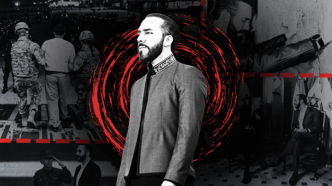 President Nayib Bukele stands in front of red surveillance vortex; background shows Israeli flags, military scenes, and prisoners escorted by soldiers.