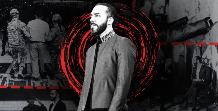 President Nayib Bukele stands in front of red surveillance vortex; background shows Israeli flags, military scenes, and prisoners escorted by soldiers.