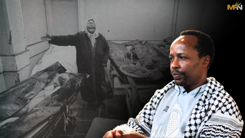 American ICU nurse Willy Massay next to a traumatized Palestinian boy, representing firsthand testimony from Gaza’s hospitals