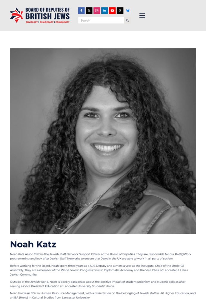 Noah Katz's profile page on the Board of Deputies website