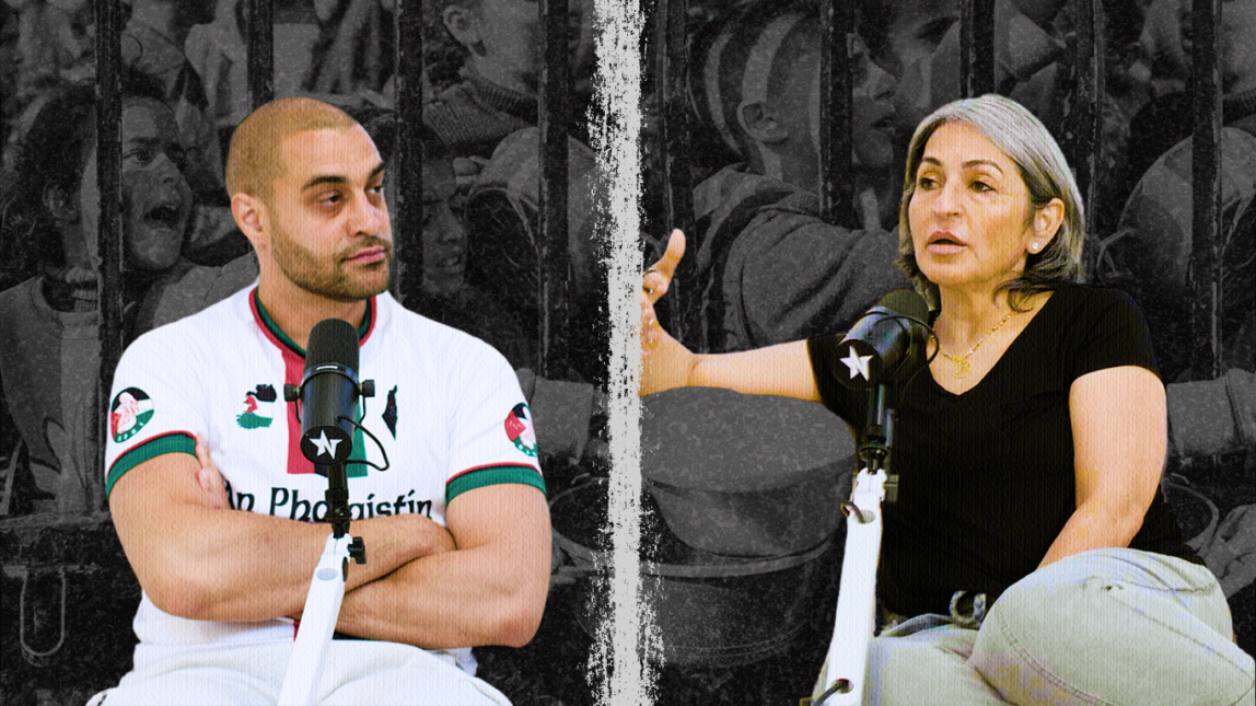 Susan Abulhawa and Lowkey speak on The Watchdog podcast, discussing Gaza, genocide, and censorship, with a background of Palestinian children behind bars