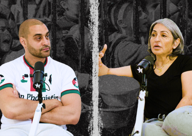 Susan Abulhawa and Lowkey speak on The Watchdog podcast, discussing Gaza, genocide, and censorship, with a background of Palestinian children behind bars
