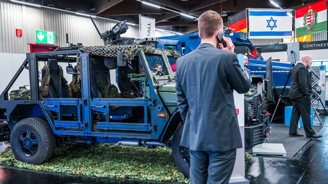 Military vehicles, including Caracal, at Rheinmetall stand during Enforce Tac 2023 in Nuremberg, Germany