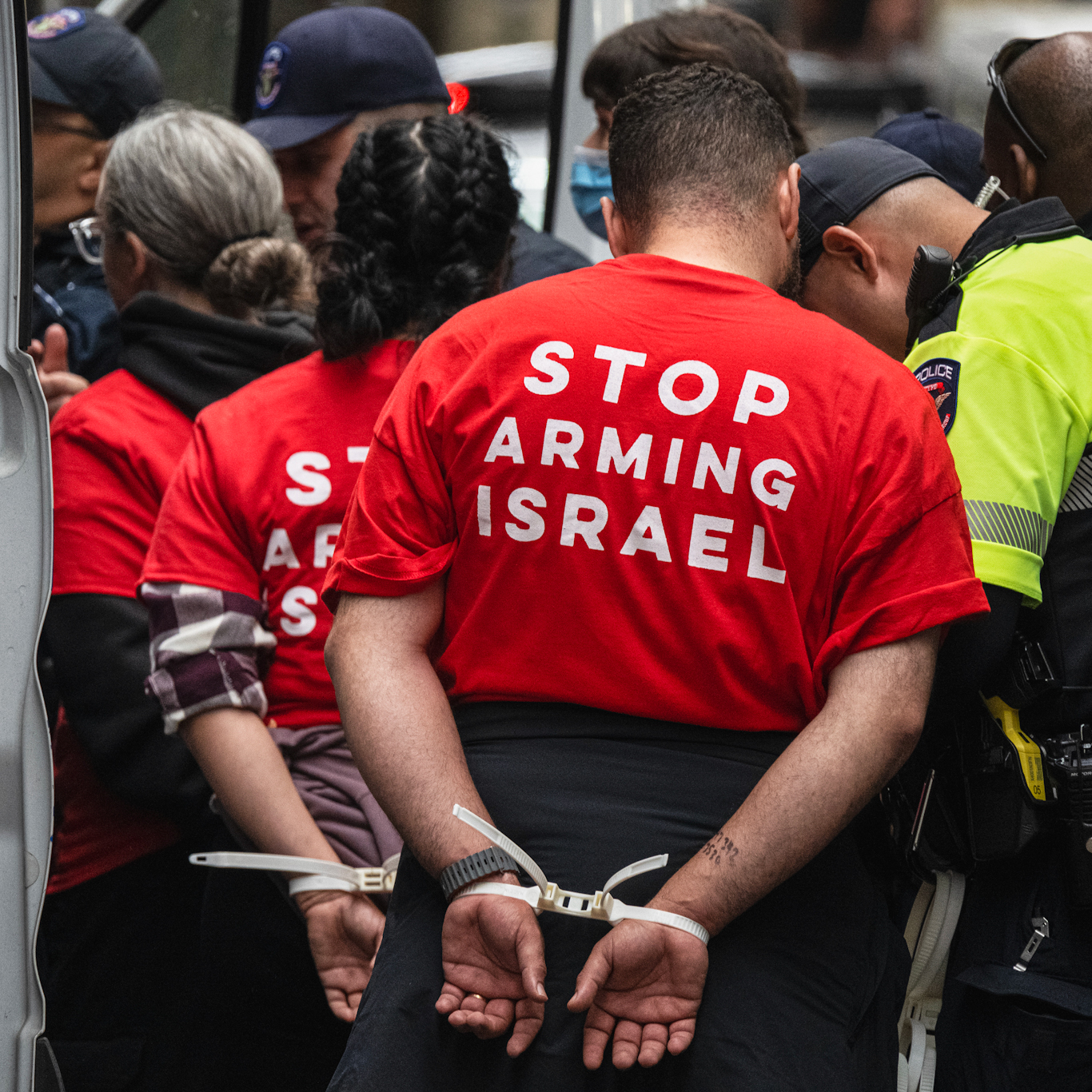 Protesters arrested outside the New York Stock Exchange during a demonstration opposing U.S. and corporate arms sales to Israel, October 14, 2024.