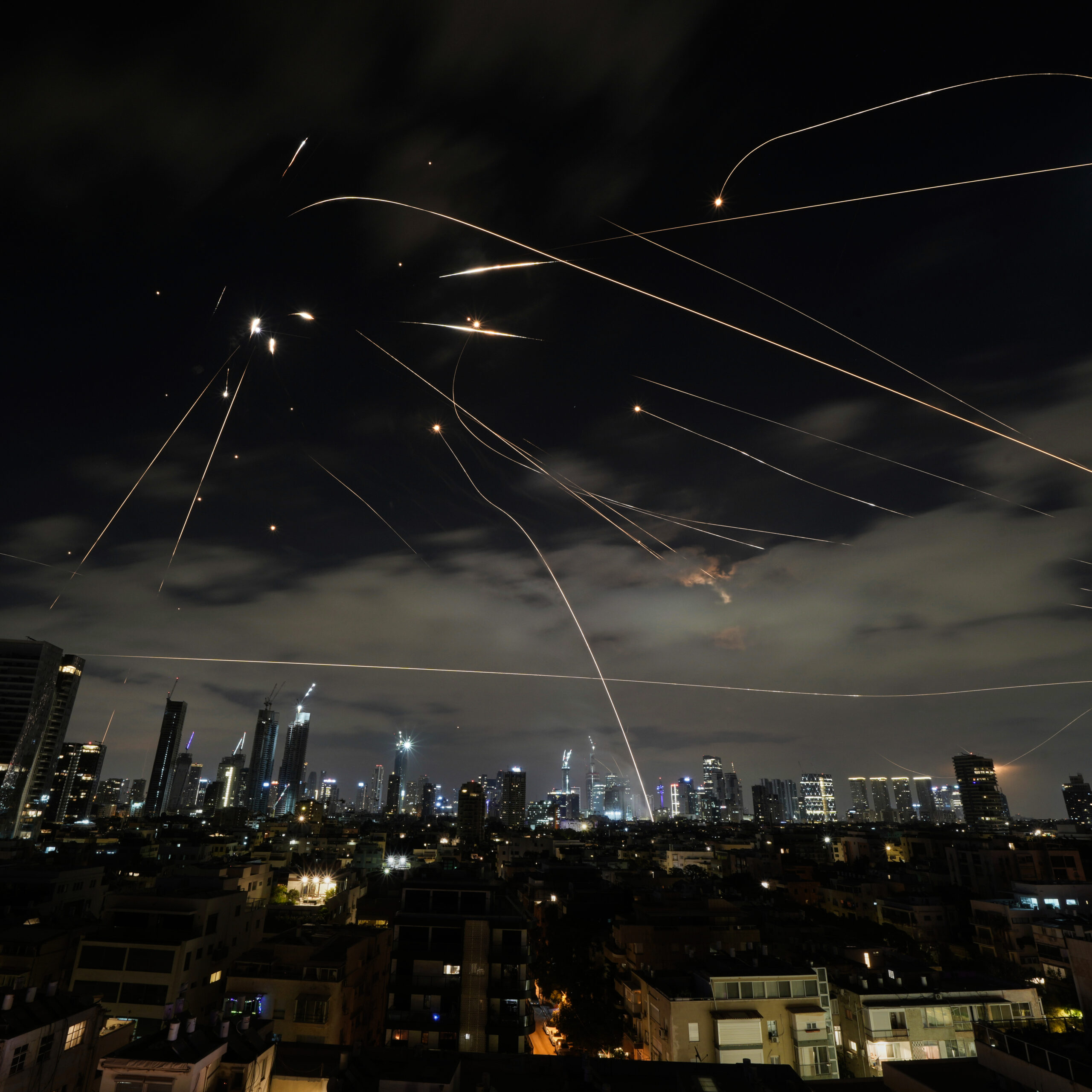  Iron Dome fires to intercept missiles during an Iranian attack over Tel Aviv