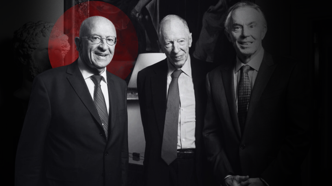 Sir Trevor Chinn with Jacob Rothschild and Tony Blair