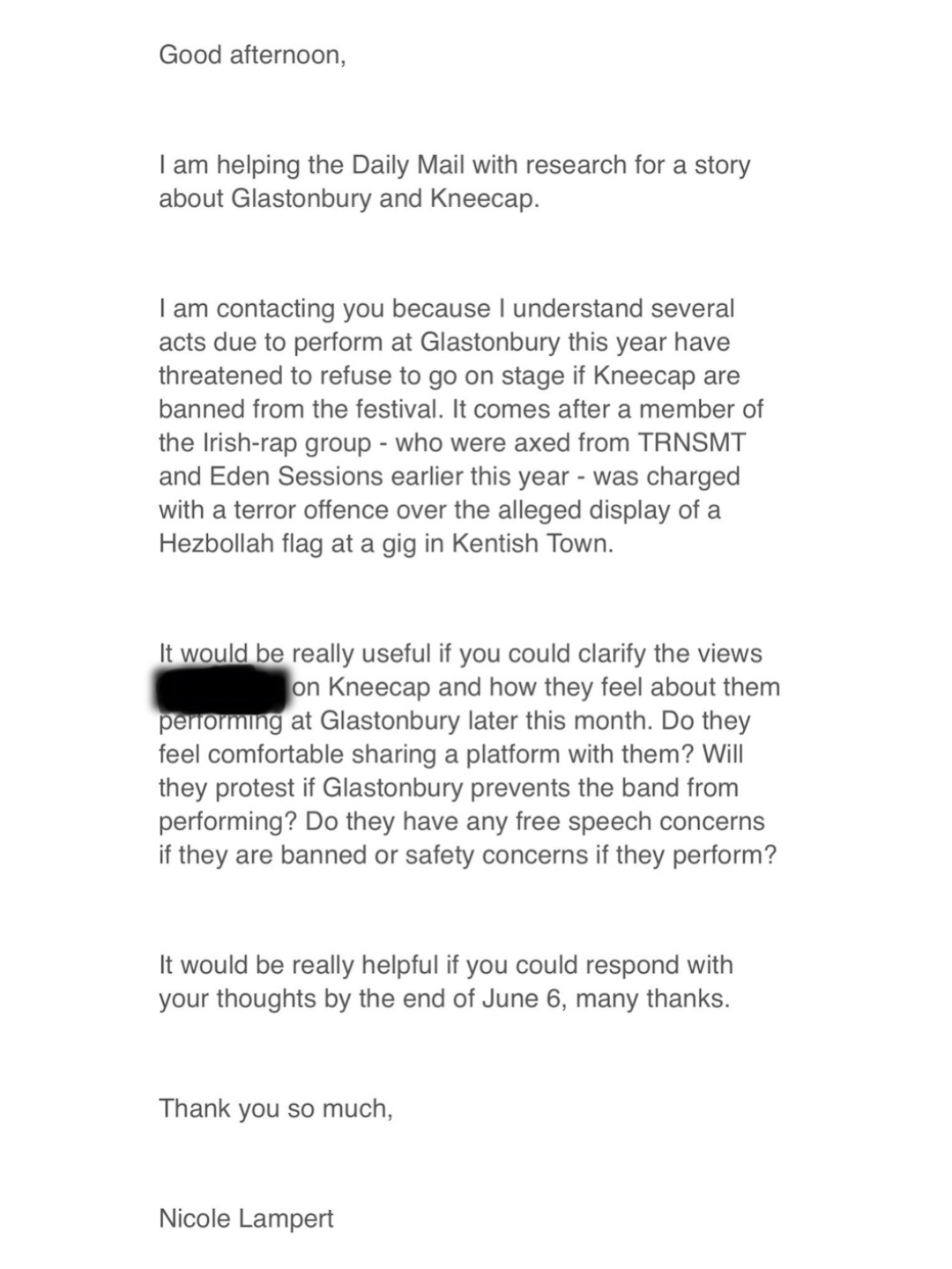 Communications obtained by MintPress indicate hundreds of people involved with Glastonbury have received emails like this one from Lampert
