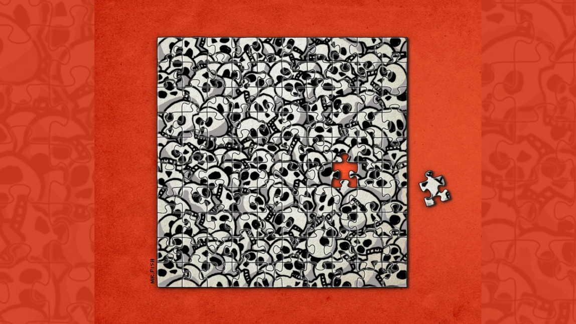 A jigsaw puzzle made of black-and-white cartoon skulls, nearly complete, with one missing piece on a red background.
