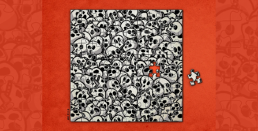 A jigsaw puzzle made of black-and-white cartoon skulls, nearly complete, with one missing piece on a red background.