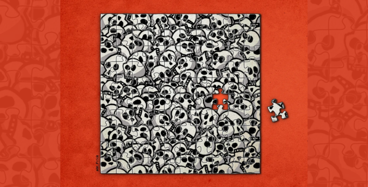 A jigsaw puzzle made of black-and-white cartoon skulls, nearly complete, with one missing piece on a red background.