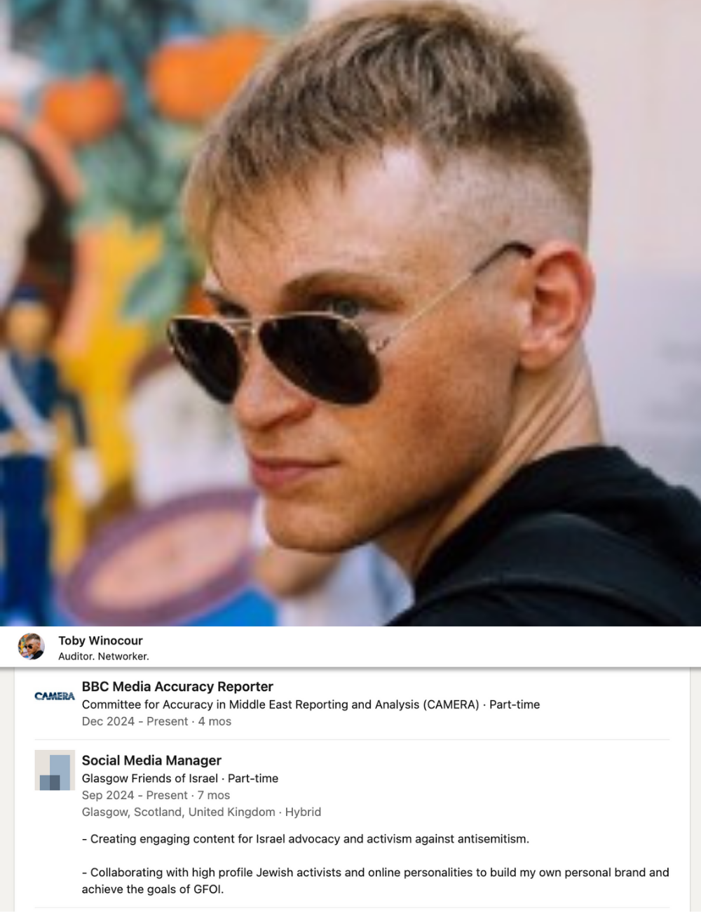 Toby Winocour, social media manager at Glasgow Friends of Israel - from his LinkedIn page