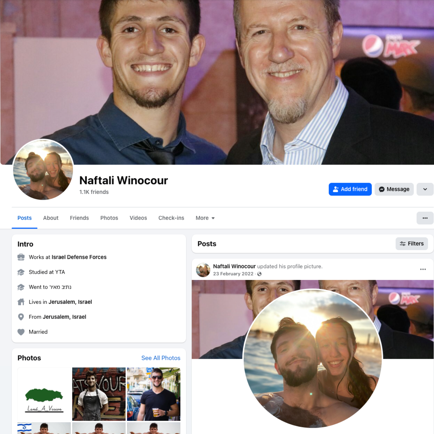 Naftali Winocour’s Facebook page, showing his IDF affiliation. The banner image shows him with his father Richard