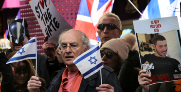 Pro-Israel demonstrators gather in London during a counter-protest to a pro-Palestinian rally, part of the wider mobilization that groups like Stop The Hate UK have sought to amplify as they pressure authorities to crack down on anti-genocide activism. (Photo by Martin Pope / SOPA Images/Sipa USA)(Sipa via AP Images)