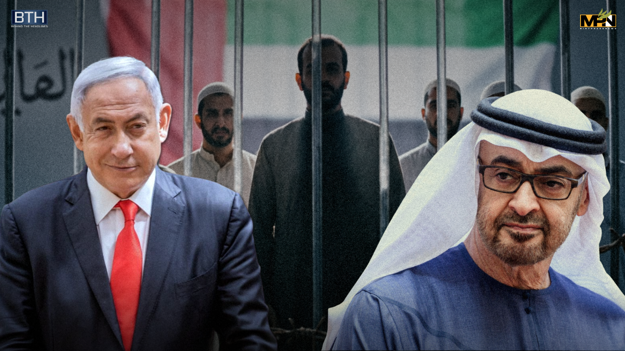 Benjamin Netanyahu and UAE president grimace at each other in front of imprisoned Shia muslims in the UAE.