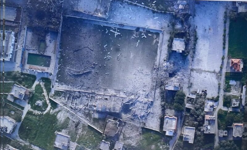 Aerial drone photograph of Bint Jbeil stadium in southern Lebanon taken by Israeli military on April 13, 2026