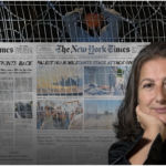 Isabel Kershner in front of a NYT Newspaper article discussing the alleged October 7th Violence, superimposed infront of image of sde teiman prisoners.