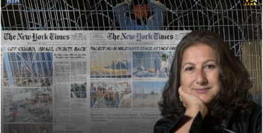 Isabel Kershner in front of a NYT Newspaper article discussing the alleged October 7th Violence, superimposed infront of image of sde teiman prisoners.