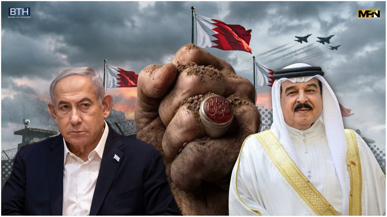Shia fist rises above netanyahu and bahrain khalifa in front of prison