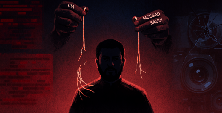 Conceptual mixed-media illustration for an investigative journal. A strong, defiant silhouette of AbdulMalik al-Houthi in the foreground. Hovering above him in the dark background are shadowy, multi-fingered hands representing the CIA, Mossad, and Saudi intelligence, holding glowing digital puppet strings. The strings are stretched toward Al-Houthi but are clearly snapped and frayed, falling limp. Faint background textures of redacted documents and broken surveillance cameras. Symbolic of a failed regime change, dark red and navy blue color palette, high impact.