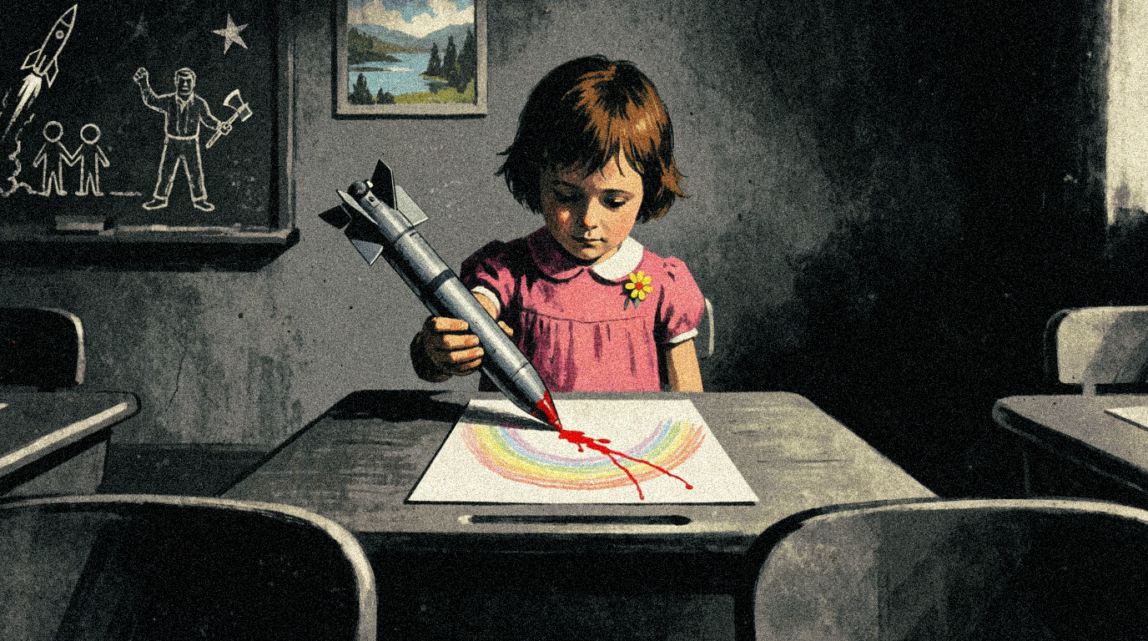 Satirical illustration of a child using a gray cruise missile as a crayon to color a rainbow drawing — arms companies targeting children through STEM education programs