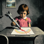 Satirical illustration of a child using a gray cruise missile as a crayon to color a rainbow drawing — arms companies targeting children through STEM education programs