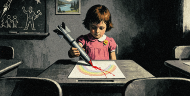 Satirical illustration of a child using a gray cruise missile as a crayon to color a rainbow drawing — arms companies targeting children through STEM education programs