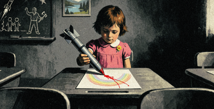 Satirical illustration of a child using a gray cruise missile as a crayon to color a rainbow drawing — arms companies targeting children through STEM education programs