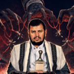 AbdulMalik al-Houthi, defiant silhouette foreground. Shadowy hands (CIA, Mossad, Saudi) with glowing, snapped puppet strings above. Redacted documents and broken cameras in a faint background. Symbolic failed regime change, dark red/navy, high impact.